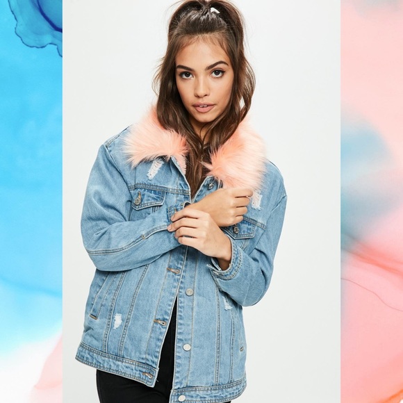Missguided Denim Jacket Pink Faux Fur 